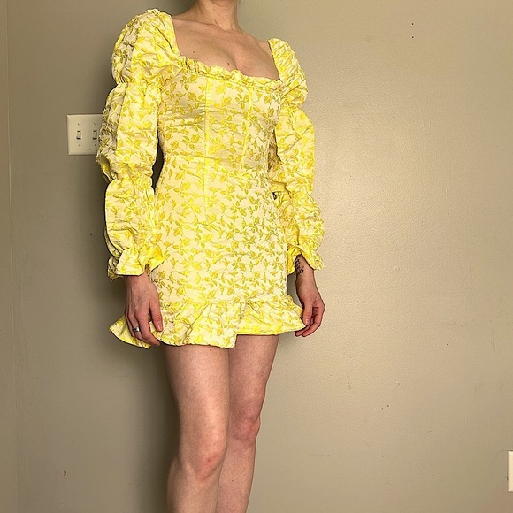 NWT Pretty Little Thing Jacquard Corset Detail Puff Sleeve Bodycon Dress Size 6 - Picture 5 of 14